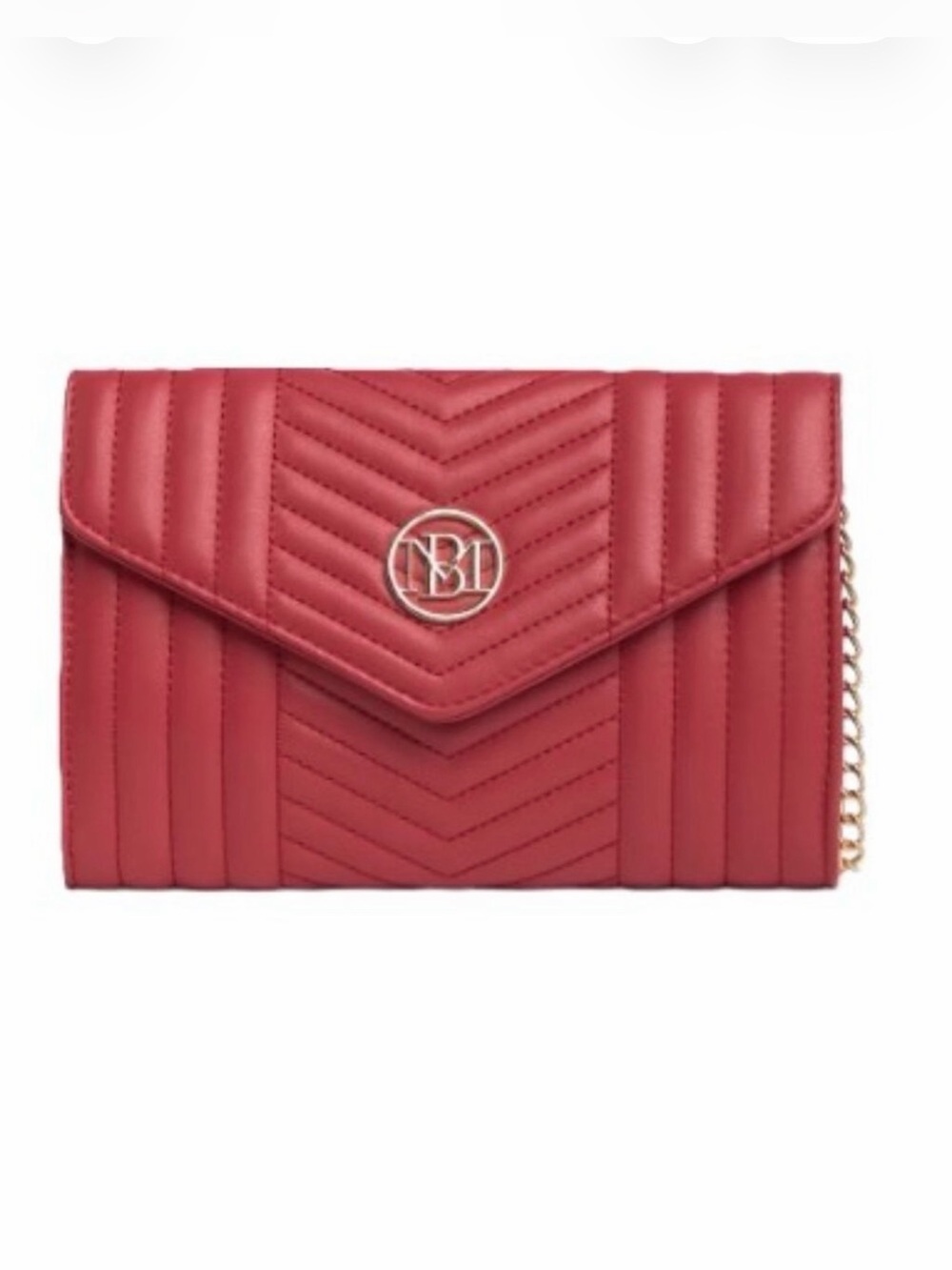 Badgley Mischka Red Quilted Envelope Clutch with Gold Chain and Logo